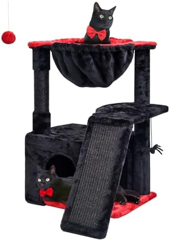 SYANDLVY Gothic Cat Tree for Indoor Cats Large Adult, Modern Activity Tower with Scratching Posts & Board, Condo with Plush Perch, Cradle & Hanging Ball & Spider for Play, Black by SYANDLVY