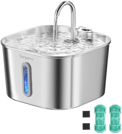 SARPAWS Cat Water Fountain Stainless Steel, 2.2L/74oz Pet Water Fountain for Cats Indoor, Ultra Quiet Cat Fountain for Cats and Small Animals, Cat Fountain for Drinking with 2 Filters & 2 Sponges by Sarpaws