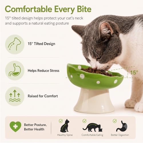 Green Mushroom Cat Bowl, Elevated Ceramic Bowl for Cats - Image 4