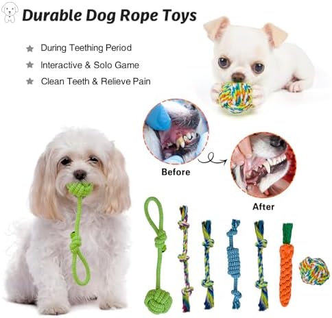 MRSOHRET 20Pcs Puppy Chew Toys for Teething, Dog Chew Rope Toys, Pet Dog Toothbrush, Treat Balls, Plush Squeaky Toy for Small Medium Dogs with Basket - Image 4