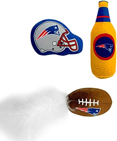 BEST PLUSH CAT TOY: NFL NEW ENGLAND PATRIOTS Complete Set of 3 piece Cat Toys filled with Fresh Catnip. Includes: 1 Helmet Cat Toy, 1 Football Cat Toy with Feathers & 1 Beer Bottle all with Team LOGOS - Image 2