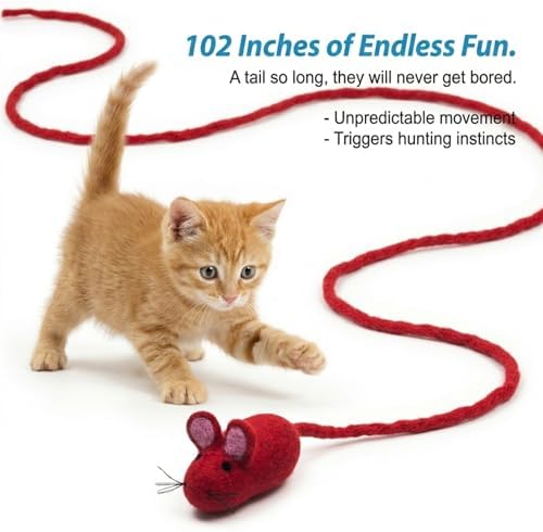Glaciart One Felt Mouse Cat Toy – Soft Fuzzy Enrichment 100% Natural Wool - Interactive Catnip Play Cat Toy Set - Safe for Pets, Non-AZO Colored Dyes - 100” Long - Image 2