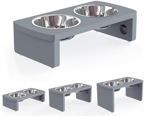 Elevated Dog Bowls, Bamboo Raised Dog Bowl for Small Dogs & Cats, with 2 Stainless Steel Bowls (4'' Tall-20oz Bowl, Grey) by JoyoPawFamily