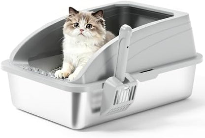 Stainless Steel Cat Litter Box with Lid, Metal Kitty Litter Box with Scoop, Non-Stick Base, Easy to Clean for Cat, Rabbit, Guinea Pigs and Hamsters - Gray by APPKER