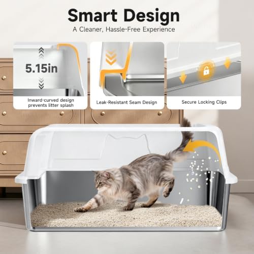 High-Sided Stainless Steel XL Cat Litter Box for Cats - Image 3