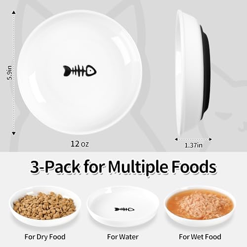 Cat Food Bowls, Whisker Friendly Ceramic Cats Bowls with Nonslip Silicone Base, Pack of 3 Quiet Dishes and Plates for Feeding Indoor Cats, Kittens and Small Dogs(Fishbone,Deeper) - Image 6