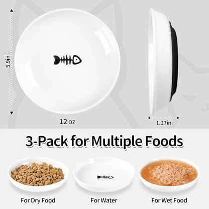 Cat Food Bowls, Whisker Friendly Ceramic Cats Bowls with Nonslip Silicone Base, Pack of 3 Quiet Dishes and Plates for Feeding Indoor Cats, Kittens and Small Dogs(Fishbone,Deeper) - Image 6