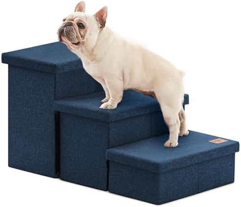 Love's cabin Dog Stairs for High Bed, Foldable Pet Stairs for Small Medium or Large Dogs Puppy with Storage for Bed or Couch, Cat Dog Steps Ramp with Zip up to 200 lbs, Navy Blue, 3 Steps by Lovescabin