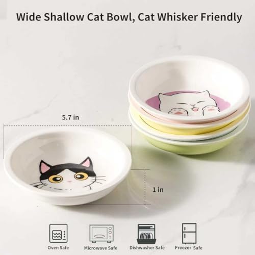 Ceramic Cat Bowls Set - 5.7 inch Wide Cat Food Bowl Whisker Fatigue Friendly, 5 Colorful Kitten Dish Plates with Cute Pattern for Wet and Dry Food Water and Small Pet - Image 3