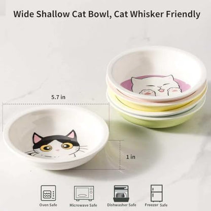 Ceramic Cat Bowls Set - 5.7 inch Wide Cat Food Bowl Whisker Fatigue Friendly, 5 Colorful Kitten Dish Plates with Cute Pattern for Wet and Dry Food Water and Small Pet - Image 3