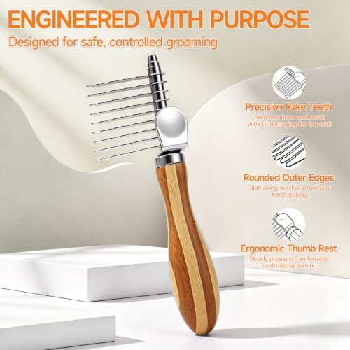Pet Dematting Comb for Dogs & Cats, 45° Stainless Steel Undercoat Rake Removes Mats, Knots, Tangles & Loose Fur, Grooming Brush for Long & Short Haired Pets, Ergonomic Natural Bamboo Handle - Image 3
