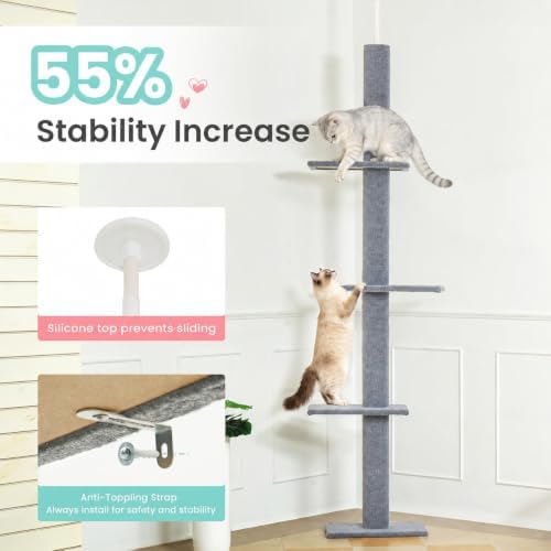 Max & Marlow 95-108" Floor to Ceiling Cat Tree for Indoor Cats, Light Grey - Image 6