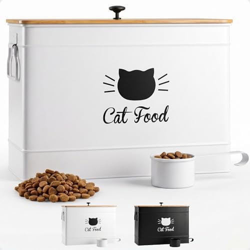 Metal Cat Food Container with Scoop, 15lb (50 Cup) w/ Airtight Bamboo Lid by HBDesignCo