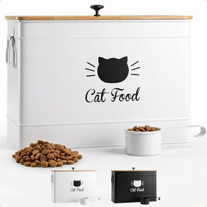 Metal Cat Food Container with Scoop, 15lb (50 Cup) w/ Airtight Bamboo Lid by HBDesignCo