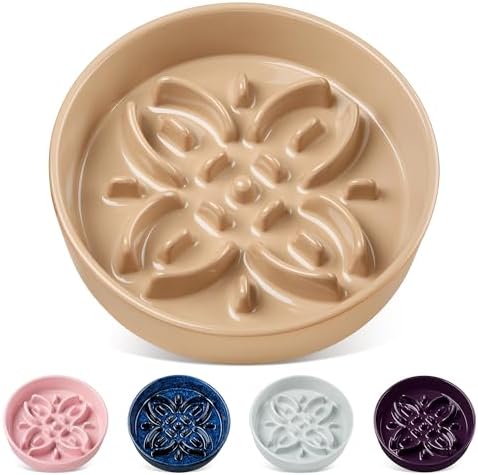 vancasso Ceramic Slow Feeder Dog Bowls, Puzzle Dog Food Bowls with Floral Maze, Anti -Slip Pet Food Dish for Medium Breed, 1.5 Cups, Brown by vancasso