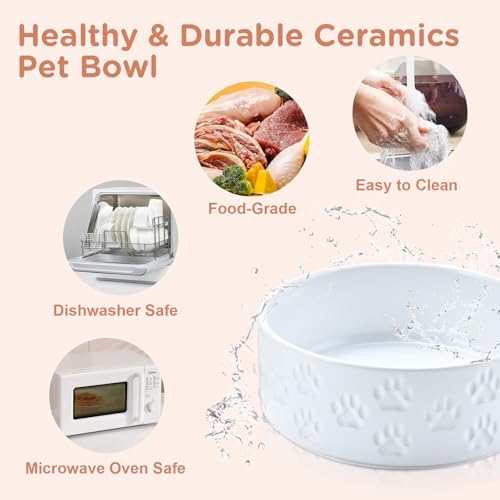 SPUNKYJUNKY Ceramic Dog and Cat Bowls 2 Pack, 5.1'' Dog and Cat Food Water Double Feeding Bowls Non-Slip for Cats and Puppy Small Sized Breed Dogs Microwave Dishwasher Safe - 13.5 OZ, 2pcs, Paw White - Image 5