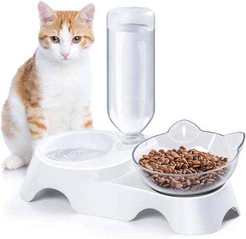 MILIFUN Double Dog Cat Bowls - Pets Water and Food Bowl Set, 15°Tilted Water and Food Bowl Set with Automatic Waterer Bottle for Small or Medium Size Dogs Cats by Milifunpets