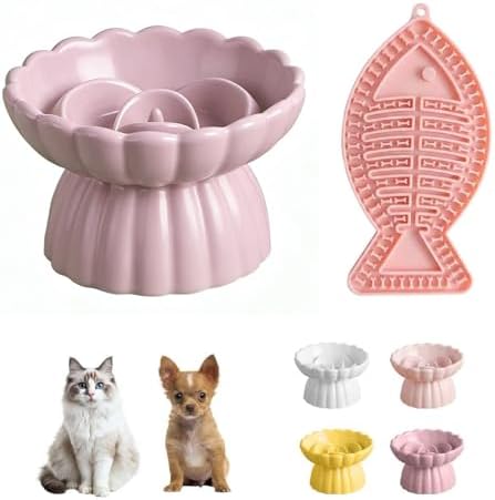 Ceramic Slow Feeder Cat Bowl 5.5inch with Lick Mat,Raised Cat Food Bowl for All Cats and Puppy,Cute Flower Shape for Dry and Wet Food (Purple Bowl+ Pink Lick Mat) by Unknown