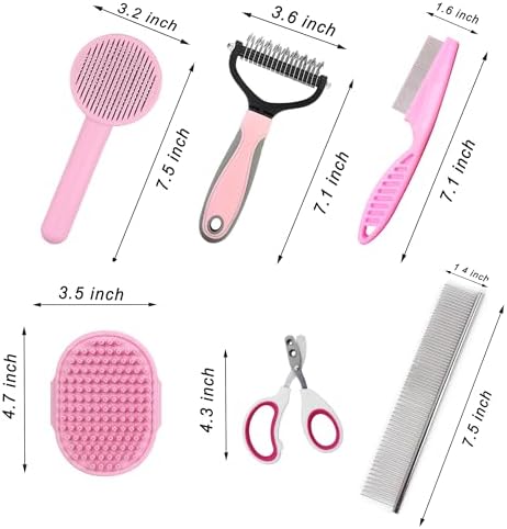Cat Grooming Brush Kit 6 Tools - Deshedding & Dematting for Long/Short Hair, Self-Cleaning Slicker Brush with 6-in-1 Flea Comb for Cats & Kittens (Pink) - Image 7