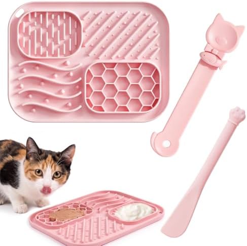 3 Piece Cat Slow Feeder Bowl Set, Silicone Lick Mat,Treat Dispenser with Long Handle Spoon, Non Slip Spill Proof for Indoor & Travel (Pink) by Unknown