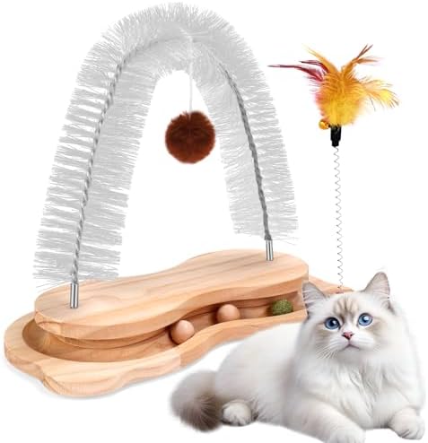 Cat Self Groomer, Cat Grooming Brush Scratcher Massager Arch for Indoor Cats Face Back Scratcher Rubbing Post Corner Brush w/ Kitten Interactive Catnip Ball Track Toy for Chasing Hunting Exercise by SSAWcasa