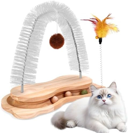 Cat Self Groomer, Cat Grooming Brush Scratcher Massager Arch for Indoor Cats Face Back Scratcher Rubbing Post Corner Brush w/ Kitten Interactive Catnip Ball Track Toy for Chasing Hunting Exercise by SSAWcasa