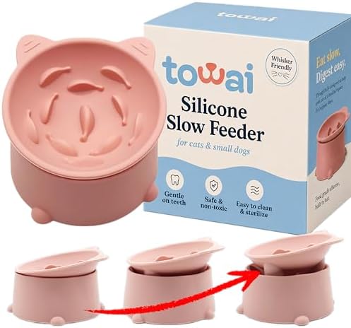 Cat Slow Feeder Bowl, Raised Slow Feeder Cat Bowl for Dry and Wet Food, Elevated Slow Feeder Dog Bowls Small Breed and Puppy, BPA Free Silicone Bowl, Heights Adjustable, Microwave & Dishwasher Safe by Towai