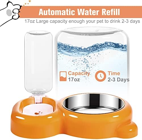 Dog Bowls, Cat Food and Water Bowl Set with Water Dispenser and Stainless Steel Bowl for Cats and Small Dogs - Orange - Image 2