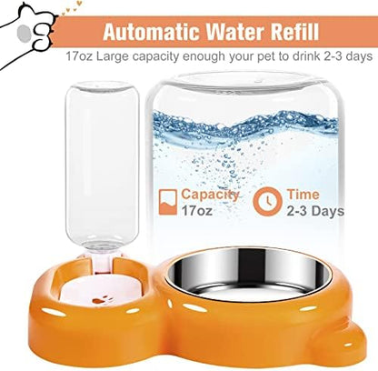Dog Bowls, Cat Food and Water Bowl Set with Water Dispenser and Stainless Steel Bowl for Cats and Small Dogs - Orange - Image 2
