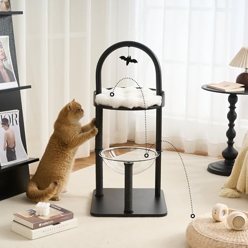 Modern Cat Tree, Wood Cat Tower with Steel Frame, Scratching Posts, Cat Capsule, Plush Mat, Bell Dangling Toy, Aesthetic Minimalist Heavy-Duty Cat Climbing Tree for Large Indoor Adult Cats-Black - Image 4