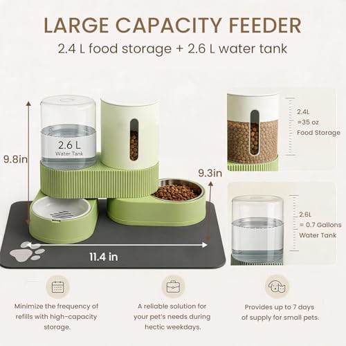 Gravity Cat Feeder 2 Pack Automatic Food Feeder and Water Dispenser Set Detachable Pet Bowl with Silicone Mat for Cats Small Medium Dogs, Large Capacity(Green) - Image 4