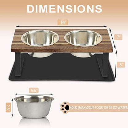 Aivituvin Elevated Dog Bowls, 15°Tilted Raised Cat Food Bowl, Walnut Wood Water Stand Feeder Set for Cats and Puppy, Pet Bowls with Anti Slip Mat(Small) - Image 2