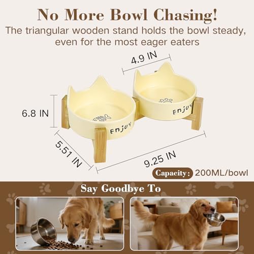 Ceramic Dog and Cat Bowl Set with Wooden Stand-Raised Non-Slip Bottom Weighted Matte Glaze Pet Feeder-Yellow Cat Ear-6.76 OZ - Image 3