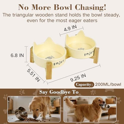 Ceramic Dog and Cat Bowl Set with Wooden Stand-Raised Non-Slip Bottom Weighted Matte Glaze Pet Feeder-Yellow Cat Ear-6.76 OZ - Image 3