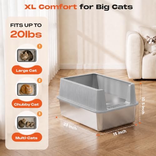 Suitfeel XL Stainless Steel Cat Litter Box with Lid and Scoop,Light Gray - Image 2