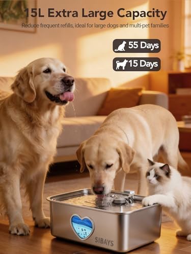 SIBAYS 15L Large Dog Water Fountain, 4 Gal Stainless Steel Pet Water Fountain for Dogs Inside, Ultra Quiet Automatic Dog Water Bowl Dispenser with Water Level Window & LED Light, Easy to Clean FS80 - Image 2