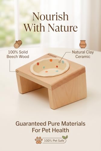 Elevated Cat Bowls with Natural Beech Wood Stand and Ceramic Bowl - Image 3