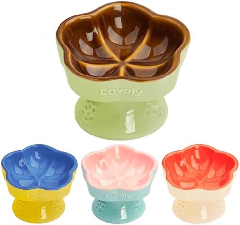 S&Q's CERAMICS Raised Cat Bowl, Elevated Cat Bowl for Food and Water, Ceramic Titled Dish, Anti Vomit & Whisker Friendly, Microwave and Dishwasher Safe (Brown, 5.8") by SQsCeramics