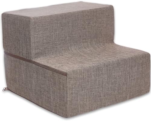 Best Pet Supplies Portable Foldable Foam Pet Stairs/Steps for Couch, Sofa, and High Bed, Non-Slip Bottom Balanced Paw Safe - Brown Linen, Foldable 2-Step (H: 12") by BestPetSuppliesLLC