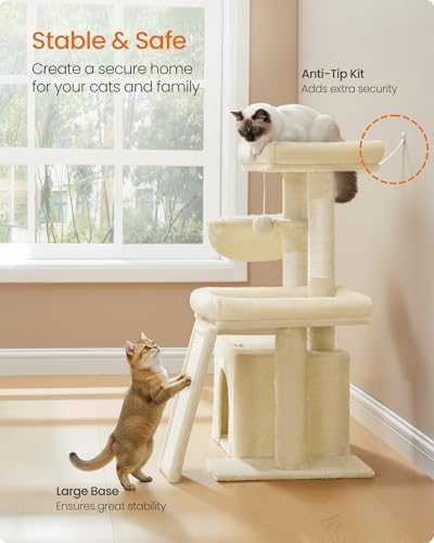 Feandrea Cat Tree, 33.8" Cat Tower Condo, Scratching Posts and Ramp, Beige - Image 7