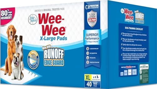 Four Paws Wee-Wee Superior Performance Extra Large Pee Pads for Dogs with Runoff Barrier Edge Guard Protection, Puppy & Dog Potty Training Pads, Housebreaking Supplies, 28" x 34" (40Count) by FourPaws
