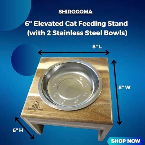 Raised Cat Bowls, 6.25 in Wide, 6" Elevated Cat Feeding Stand (with 2 Stainless Steel Bowls: 12 oz/1.5 Cup), Small Dogs, Rabbits, Anti-Vomit, Whisker Friendly, 6 x 8 x 8 in, Acacia Wood - Image 3