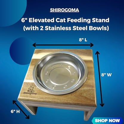 Raised Cat Bowls, 6.25 in Wide, 6" Elevated Cat Feeding Stand (with 2 Stainless Steel Bowls: 12 oz/1.5 Cup), Small Dogs, Rabbits, Anti-Vomit, Whisker Friendly, 6 x 8 x 8 in, Acacia Wood - Image 3