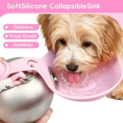 2in1 Portable Dog Water Bottle Portable,10oz Stainless Steel Leak Proof Pet Water Bottle Portable Dog Water Bottle Silicone Bowl,Outdoor Travel Water Bottle for Dogs Walking Hiking Camping, Pink - Image 7