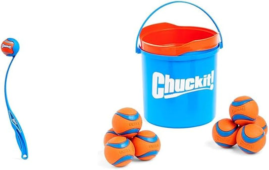 Chuckit! Launcher & Ultra Ball Bundle - Classic 26" Ball Launcher & Ultra Balls with Cleaning Bucket - Medium, 2.5-inch (8-Pack)