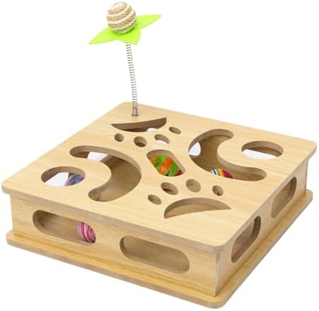 Interactive Wooden Cat Puzzle Toy Box Indoor Hunting Play Toy to Stimulate Your Cat’s Energy and Instincts (Burlywood) by MUCAOL