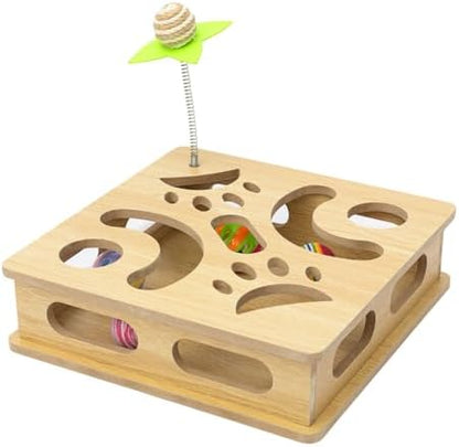Interactive Wooden Cat Puzzle Toy Box Indoor Hunting Play Toy to Stimulate Your Cat’s Energy and Instincts (Burlywood) by MUCAOL