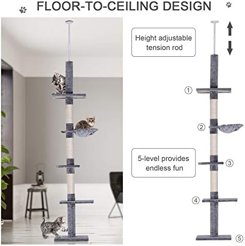 PawHut 102" Adjustable Height Floor to Ceiling Cat Tree, 5 Level Gray - Image 4