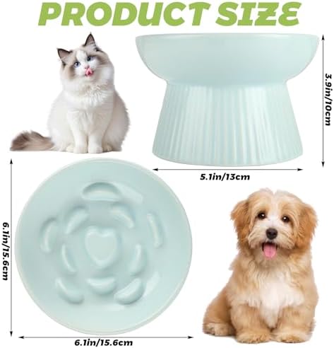 ABuff 2 Pack Raised Cat Slow Feeder, Elevated Slow Feed Dish for Cats and Small Dogs, Ceramic Slow Feeder Cat Bowl, No Spill High Edge for Dry/Wet Food(Blue, Green) - Image 2