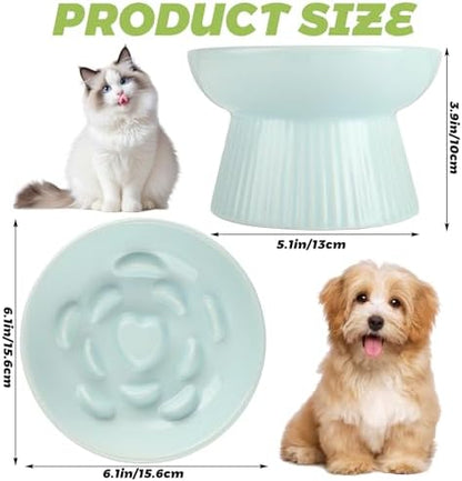 ABuff 2 Pack Raised Cat Slow Feeder, Elevated Slow Feed Dish for Cats and Small Dogs, Ceramic Slow Feeder Cat Bowl, No Spill High Edge for Dry/Wet Food(Blue, Green) - Image 2